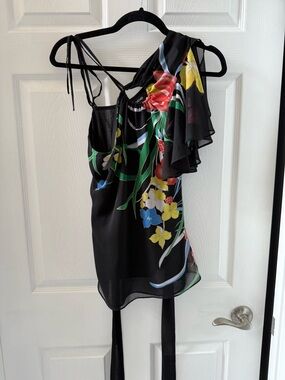 bebe Black Floral Multicolor one Shoulder Top